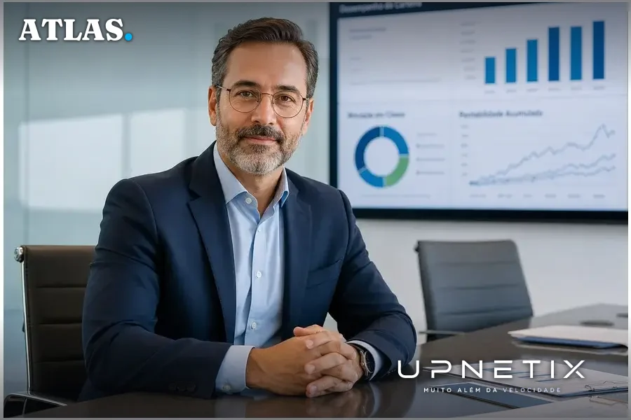 Executivo brasileiro do setor financeiro em sala de reuniões moderna com tela digital ao fundo, estilo realista e corporativo.