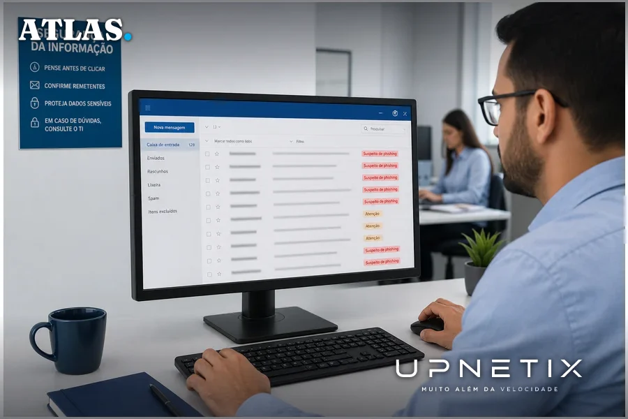 Tela de computador com e-mails de phishing destacados em uma caixa de entrada corporativa.