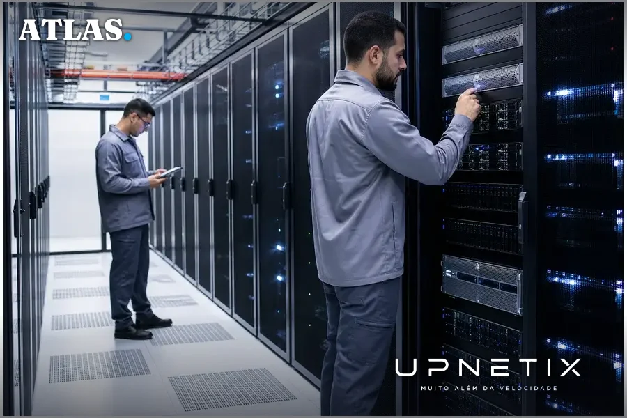 Data center moderno da Meeza no Catar com servidores e técnicos trabalhando.