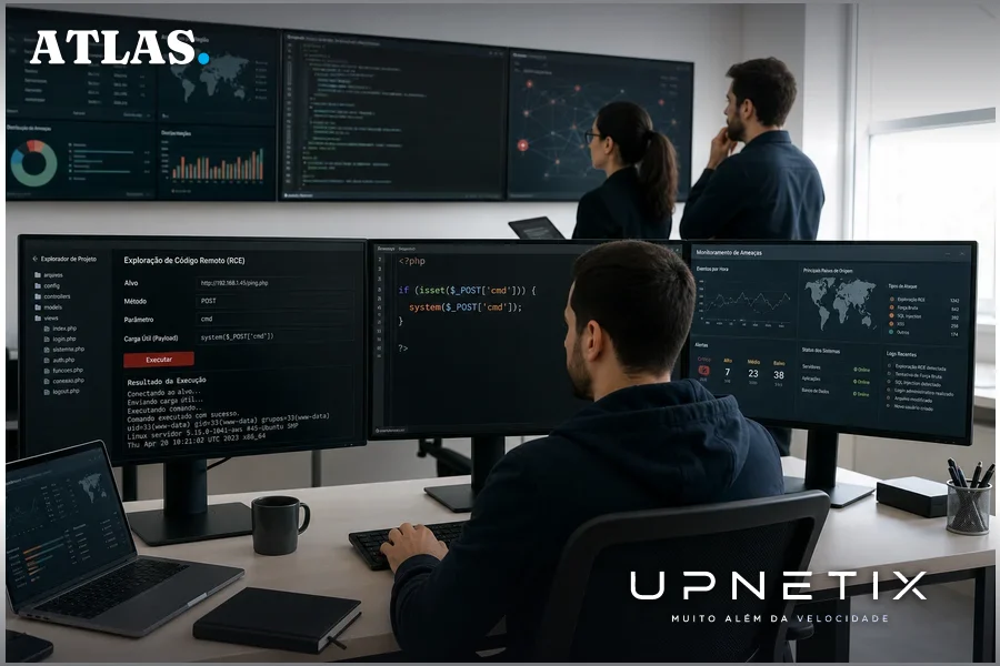 Equipe de segurança cibernética analisando código de exploração RCE no PHP