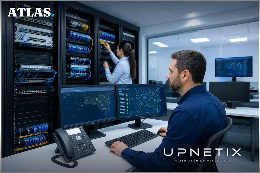 Sala técnica com equipamentos de fibra óptica e monitor mostrando mapa da rede em Santa Catarina.