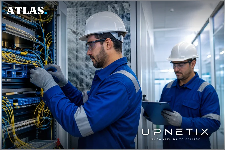 Técnicos instalando cabos de fibra óptica em hub de telecomunicações da Verizon.