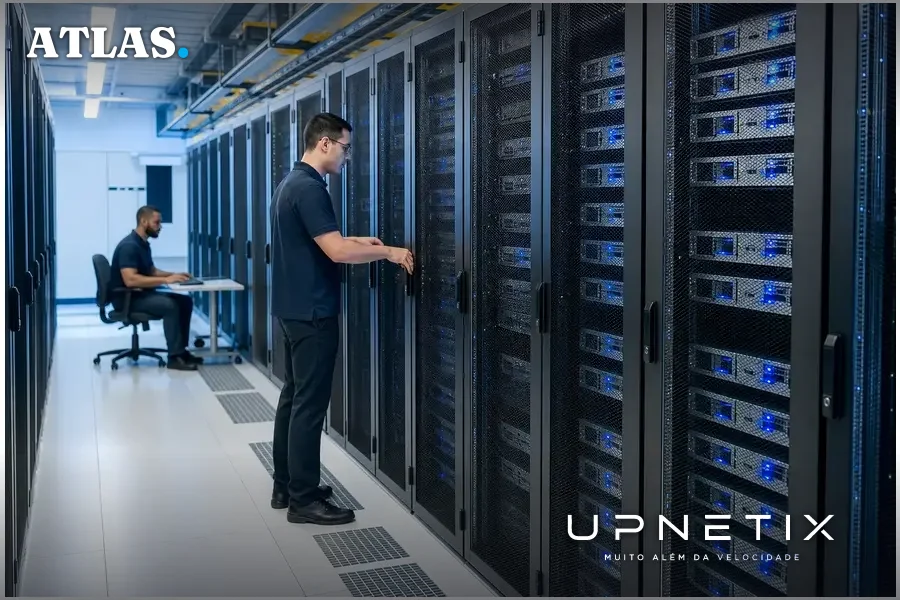 Data center corporativo com servidores Intel Xeon em ambiente moderno e iluminado.