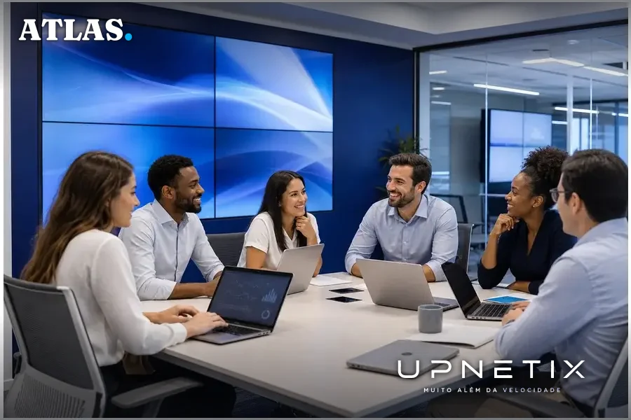 Equipe da Vibra em reunião corporativa moderna, simbolizando a integração de IA e capacitação.
