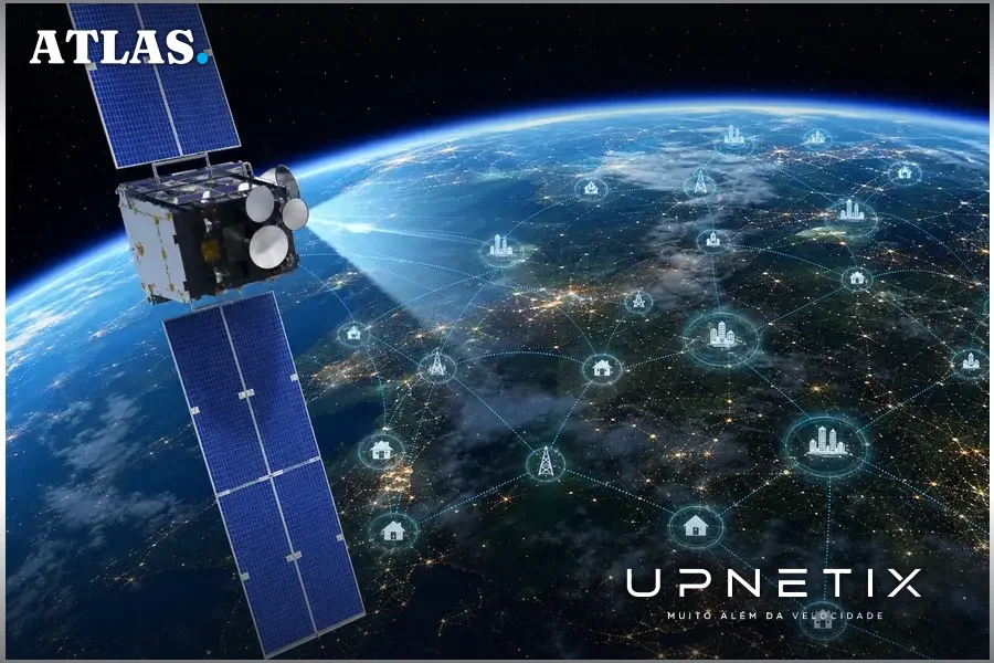Satélite Starlink em órbita baixa com vista da Terra mostrando cobertura híbrida por satélite e femtocélulas
