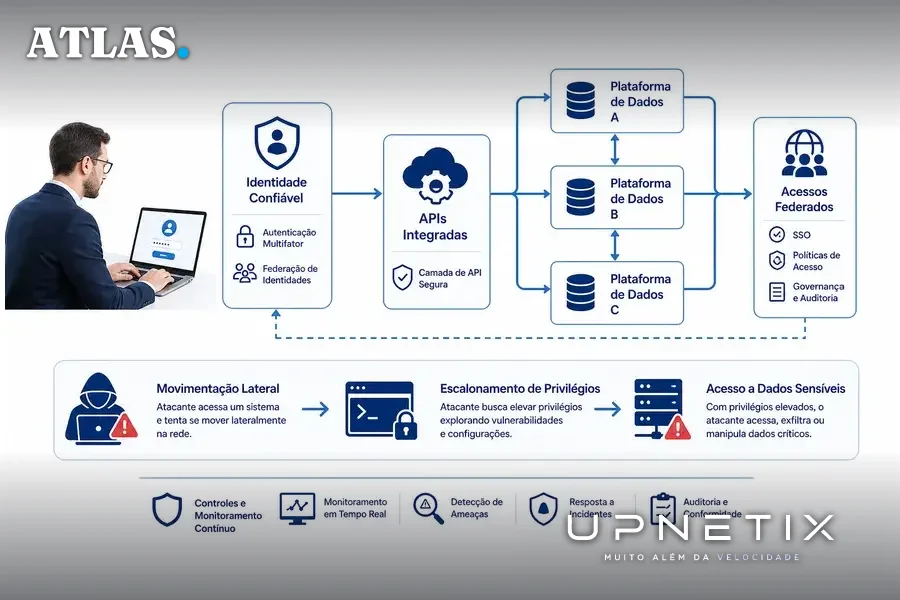 Diagrama conceitual das integrações e riscos de movimentação lateral em plataformas de dados