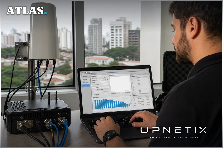 Equipamento portátil usado para simular ERB falsa, com antena, transmissor e notebook para envio de SMS fraudulentos.