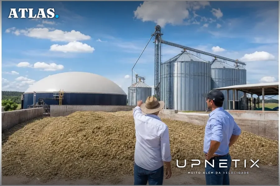 Fazenda brasileira com silos e resíduos agrícolas para biogás, ambiente rural moderno em luz natural.