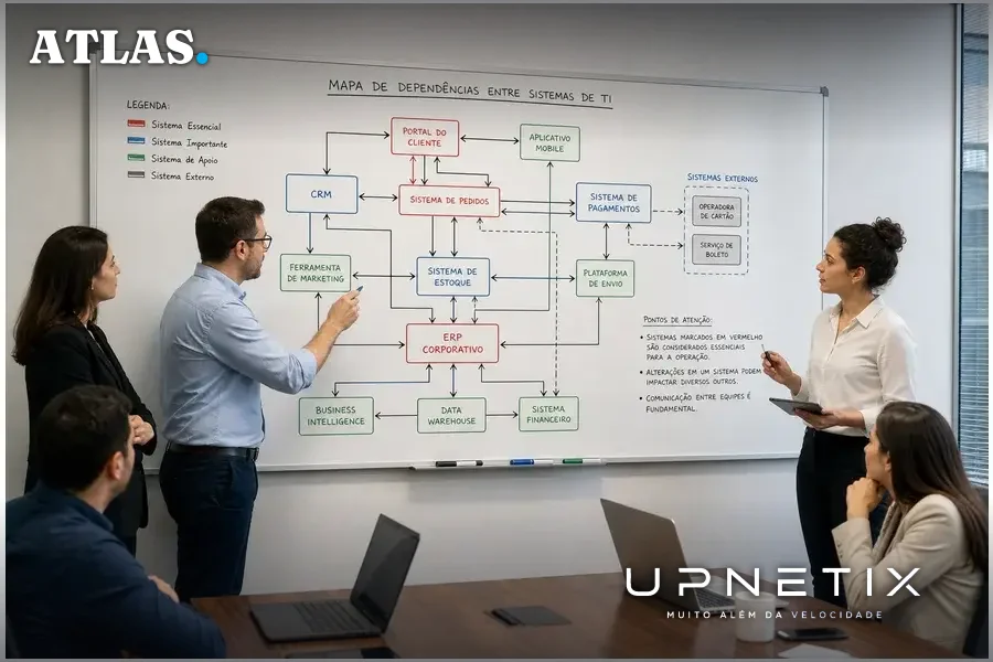 Equipe de TI analisando mapa de dependências e priorização de sistemas essenciais para recuperação após ataque cibernético