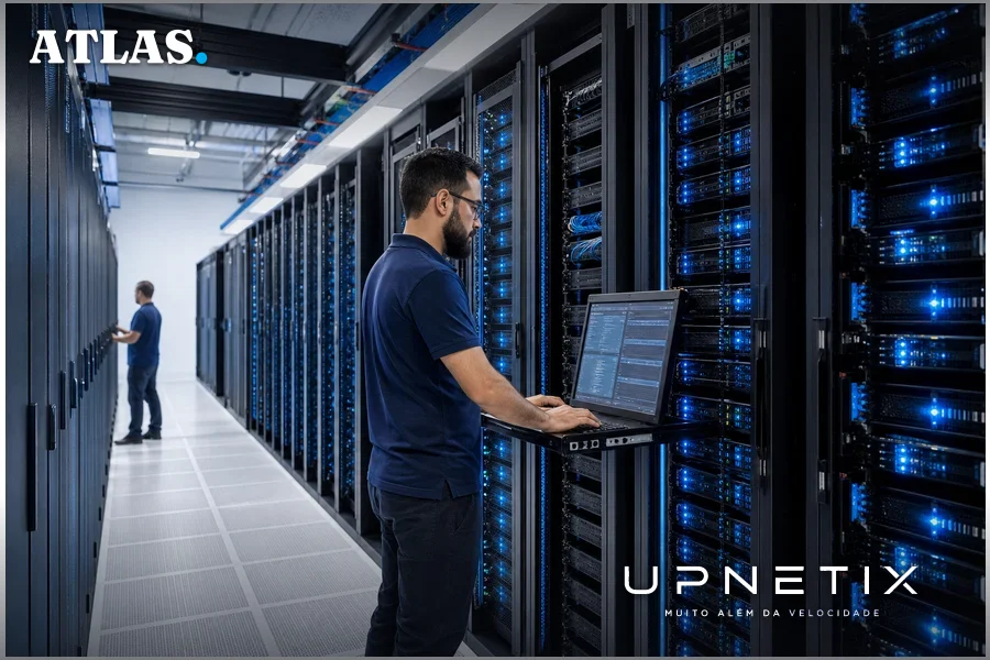 Interior realista de um grande data center moderno com vários racks de servidores e técnicos trabalhando.