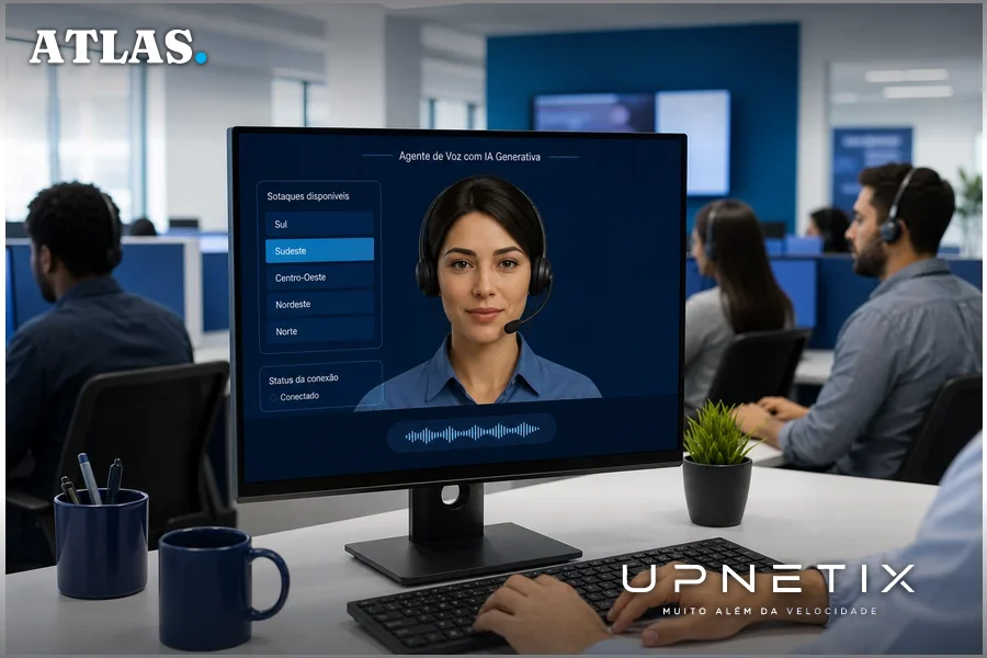 Call center brasileiro com agente humano e representação digital realista de agente de voz por IA.