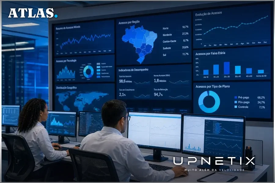 Operadores monitorando dados de acessos móveis numa sala de controle moderna.
