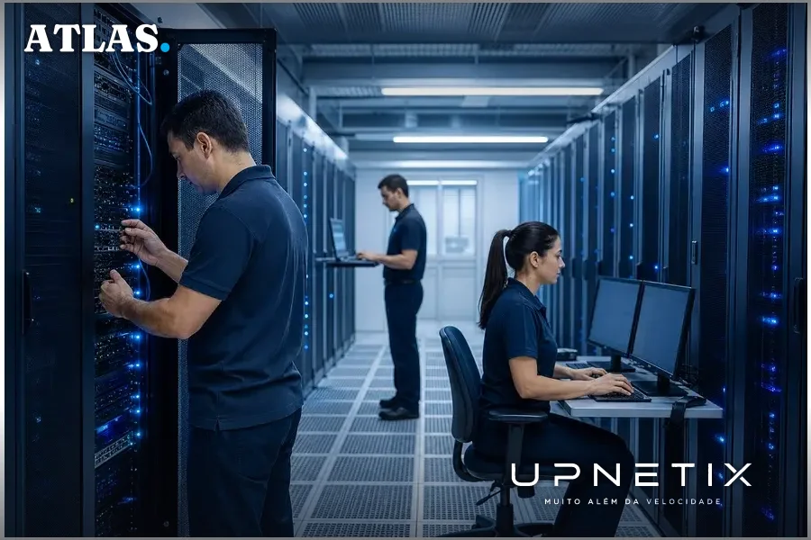 Técnicos de TI brasileiros operando em data center moderno durante monitoramento contra ransomware