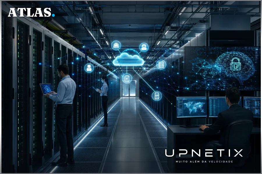 Data center moderno com servidores e representação de automação e IA para ataques cibernéticos