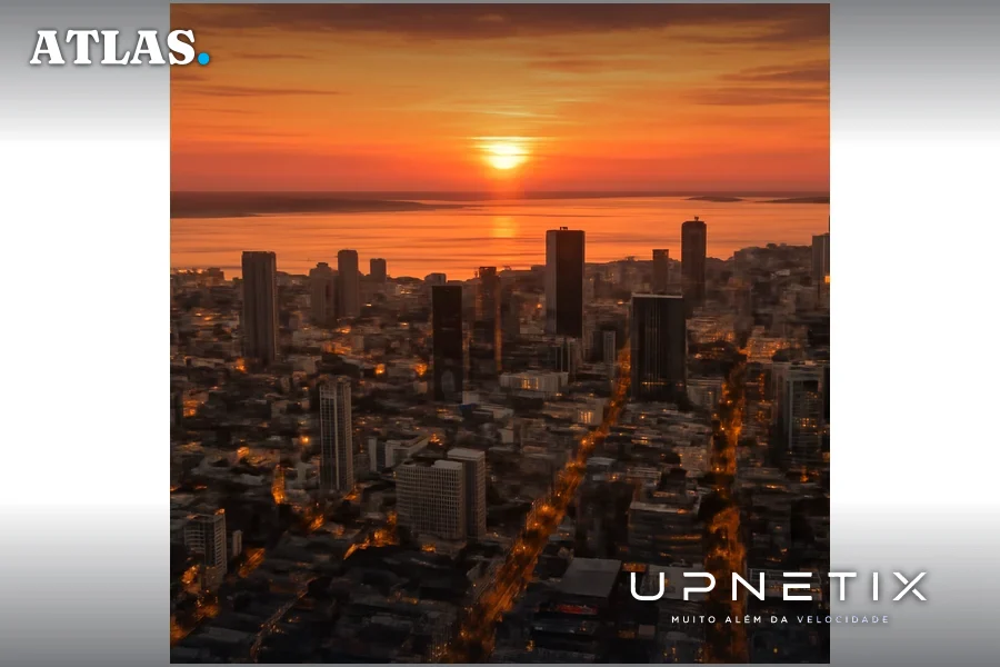 Vista aérea de um polo urbano de negócios ao entardecer