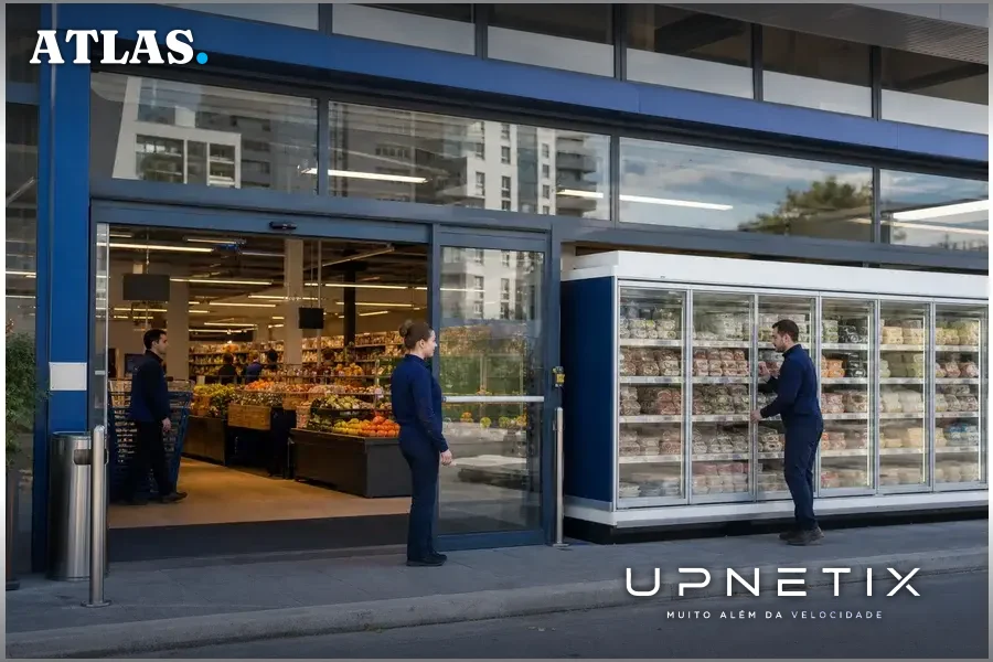 Fachada de supermercado Carrefour na França com vitrines mostrando equipamentos de refrigeração e funcionários em atividade.