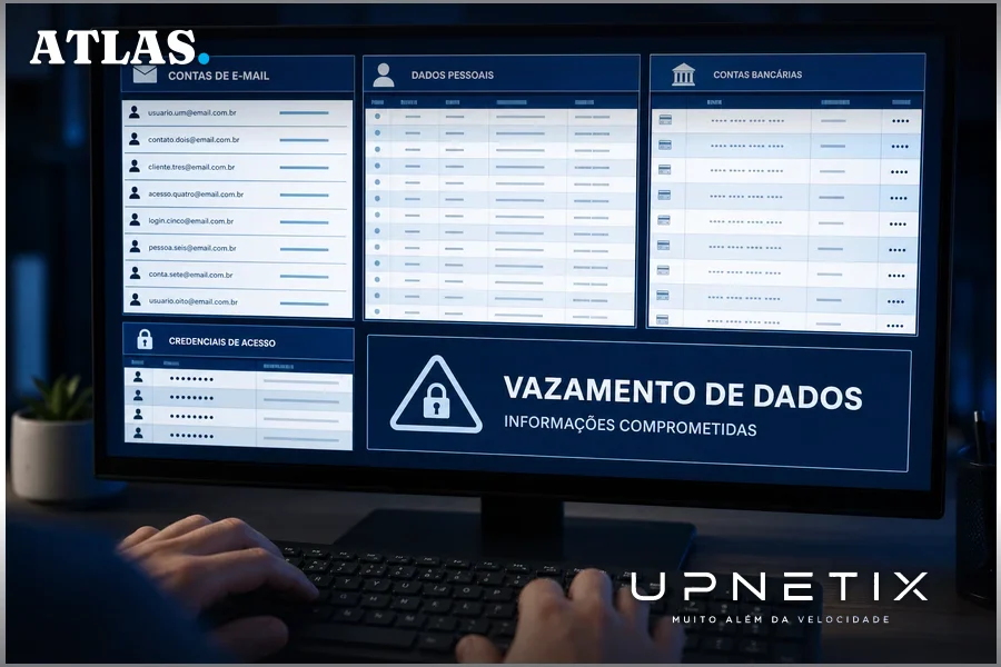 Close-up realista de computador exibindo banco de dados com informações financeiras comprometidas.