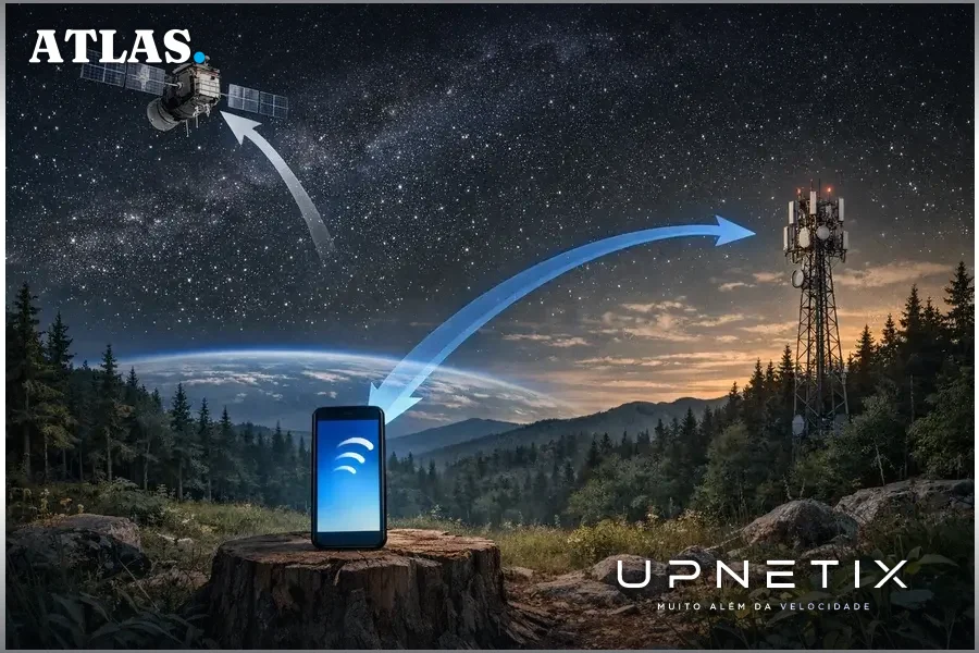 Satélite de órbita baixa enviando sinal para um smartphone em clareira amazônica, torre de celular distante.