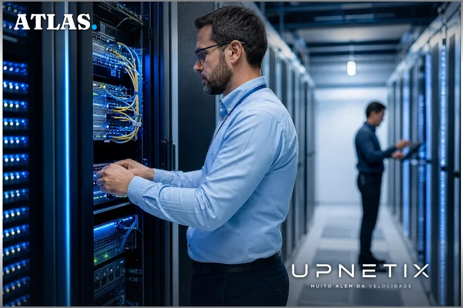 Data center moderno da Oracle Cloud Infrastructure com servidores iluminados em azul e branco