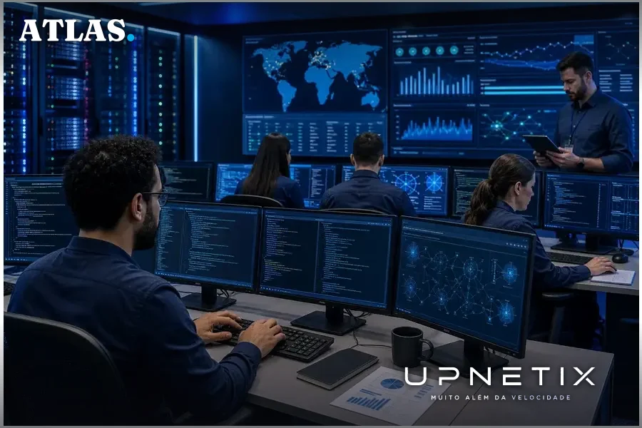 Profissionais de TI brasileiros monitorando sistemas de segurança em data center corporativo com servidores e painéis digitais.