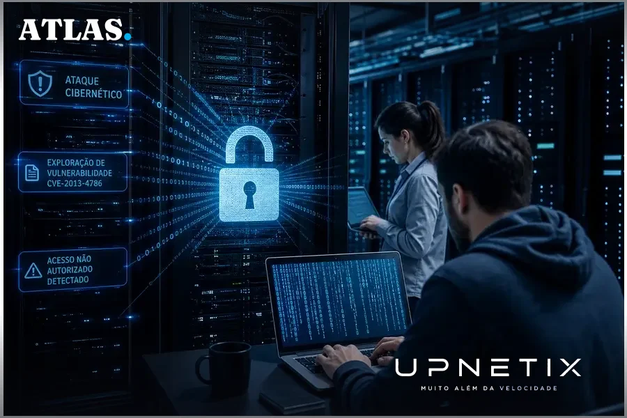 Conceito realista de ataque cibernético explorando vulnerabilidade em servidor de data center