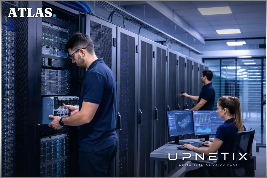 Cluster de servidores de alta performance com técnicos monitorando em data center brasileiro moderno e iluminado