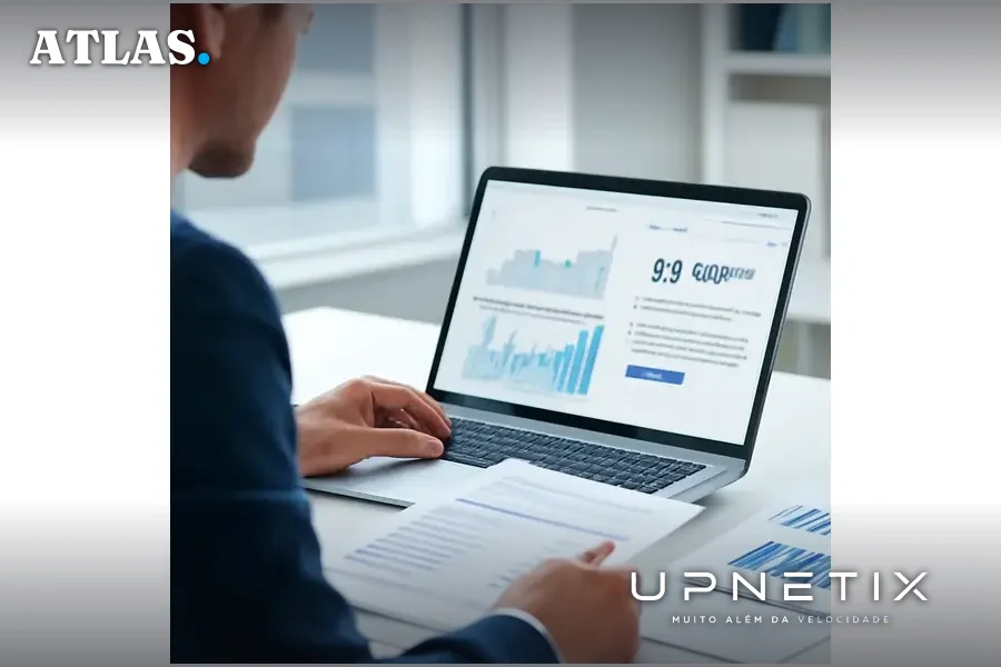 Profissional revisando relatórios financeiros em laptop enquanto IA atualiza dados automaticamente.
