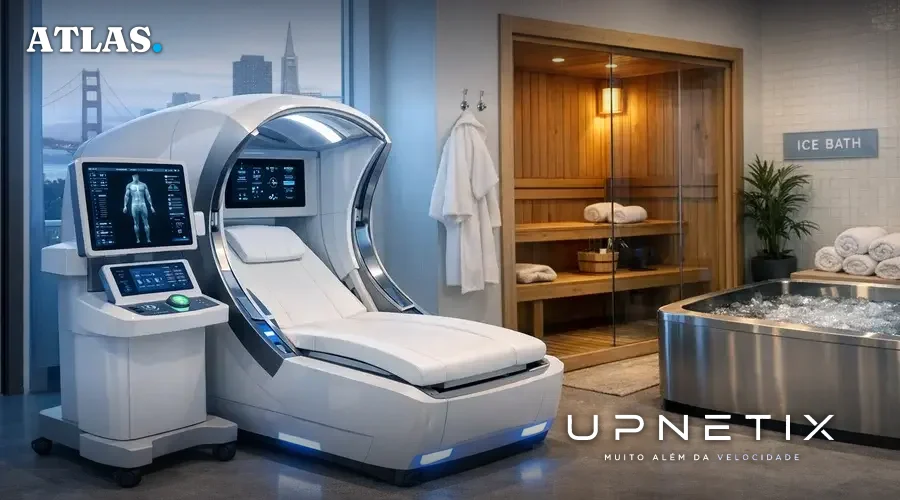Futuristic scanner de ultrassom em spa de bem-estar de San Francisco, ao lado de sauna e banho frio, ambiente relaxante com tecnologia avançada.