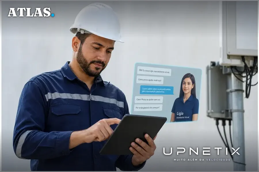Técnico de telecomunicações interagindo com assistente virtual Ligia via tablet em campo.