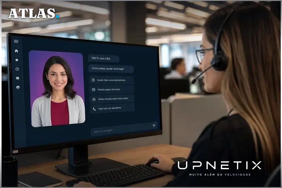 Assistente virtual BIA do Bradesco atendendo clientes automaticamente em ambiente corporativo.