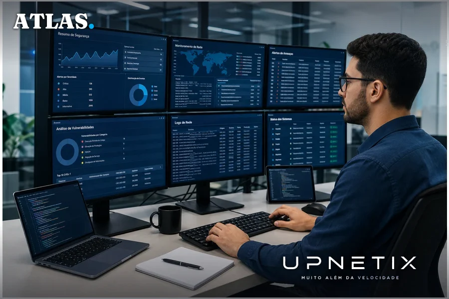 Profissional de segurança da informação analisando vulnerabilidades CVE em escritório corporativo.