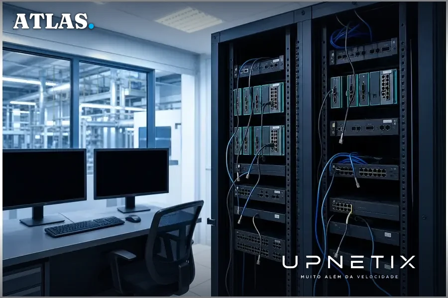 Sala de controle industrial com servidores Moxa e switches desligados e cabos desconectados