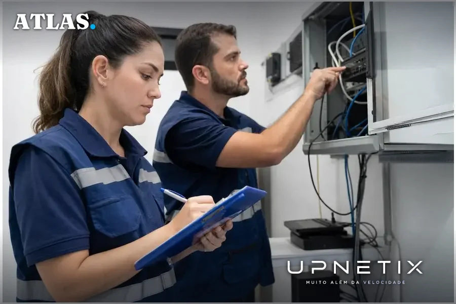 Agentes da Anatel em operação de fiscalização de equipamentos de rede em um pequeno provedor de internet.