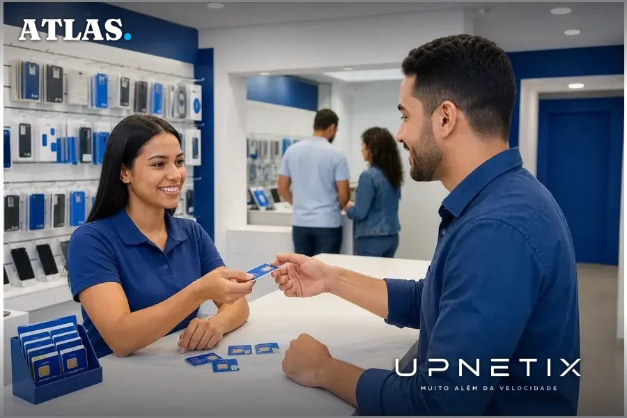 Clientes e atendentes em loja de telefonia móvel com foco em telefonia pré-paga