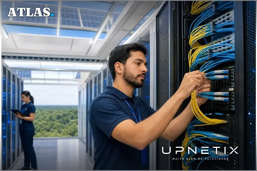 Data center brasileiro com painéis solares e cabos de fibra óptica em ambiente claro e moderno