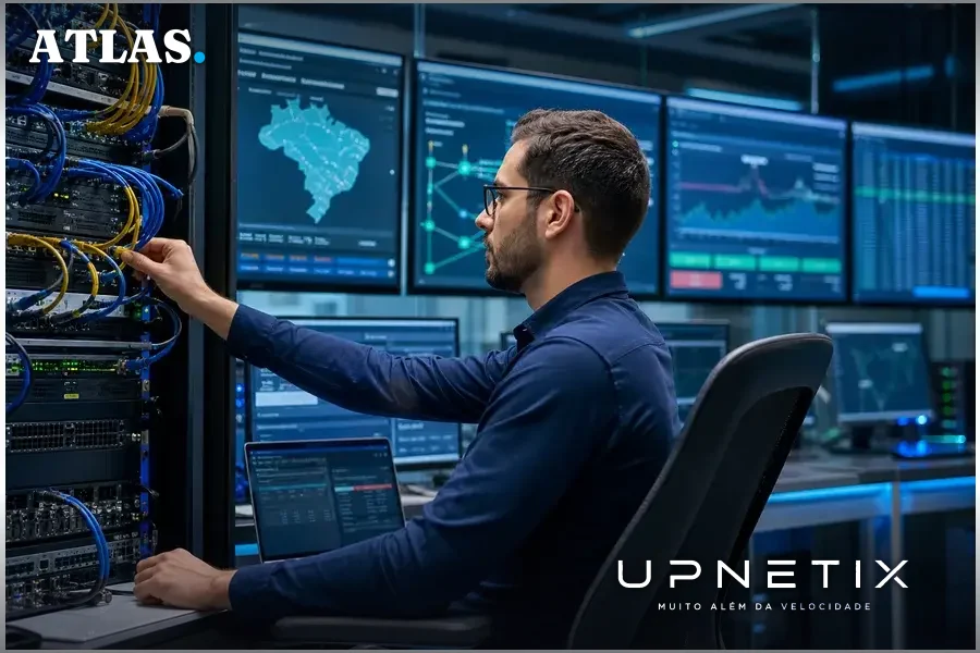 Profissional de telecomunicações operando equipamentos em sala de controle moderna.