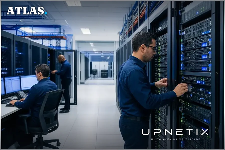 Data center da Verizon com operadores monitorando infraestrutura tecnológica avançada para rede autônoma.