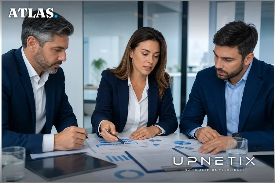 Reunião corporativa com executivos discutindo contratos e dados financeiros