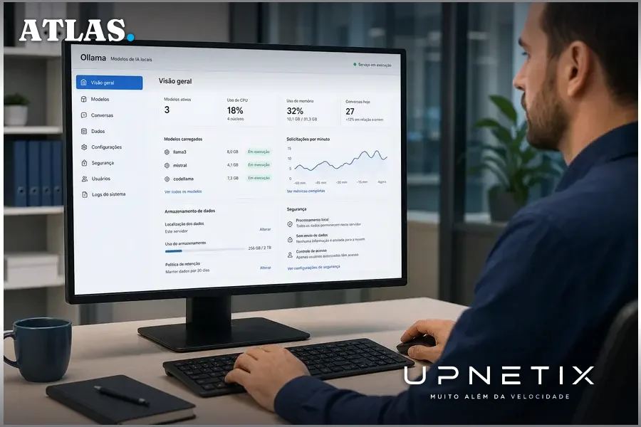 Dashboard de controle local de IA com software Ollama em uso para governança de dados.