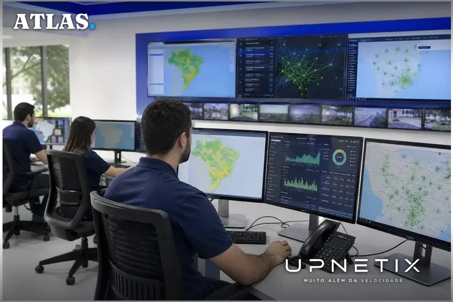 Sala de operações de rede móvel com técnicos monitorando telas e mapas de tráfego