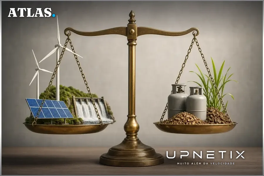 Balança equilibrando fontes renováveis e gás natural para energia em data centers.