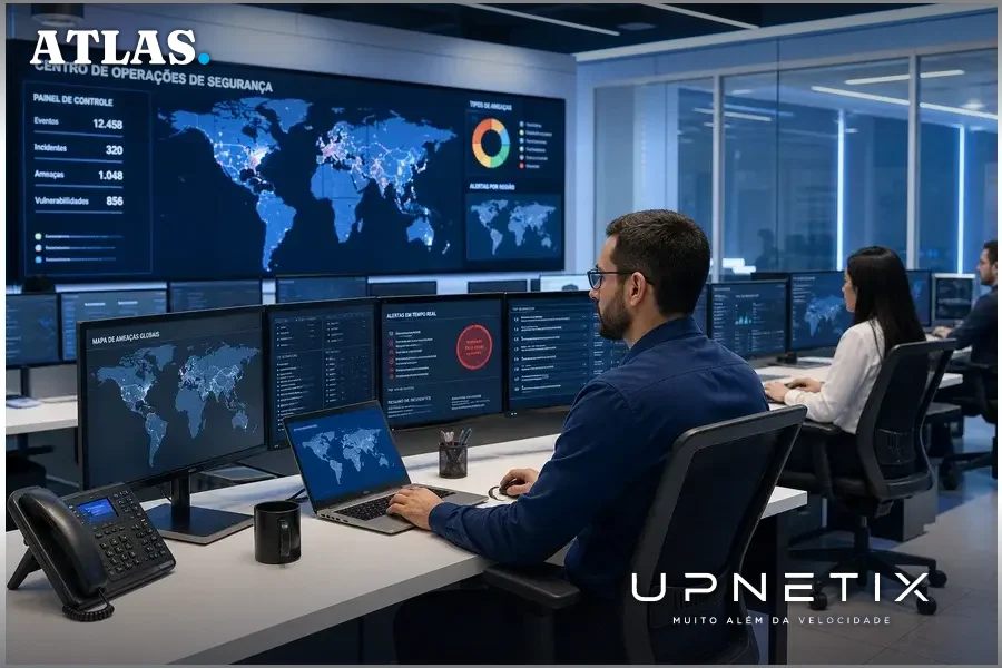 Analistas de segurança cibernética monitorando ataques digitais em centro de operações moderno.