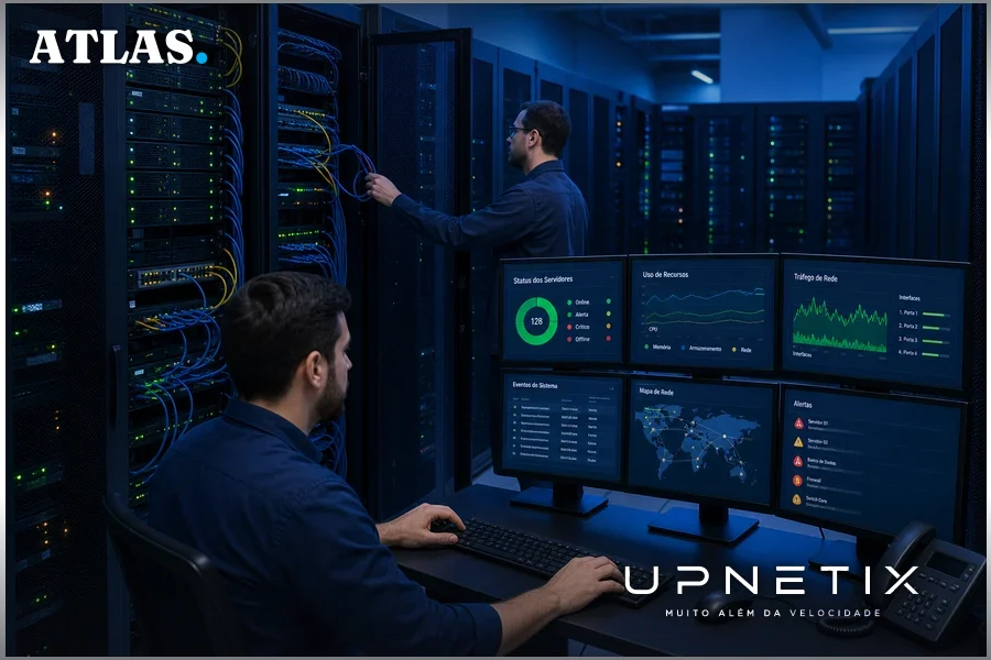 Datacenter de telecomunicações com equipamentos de rede e servidores em operação