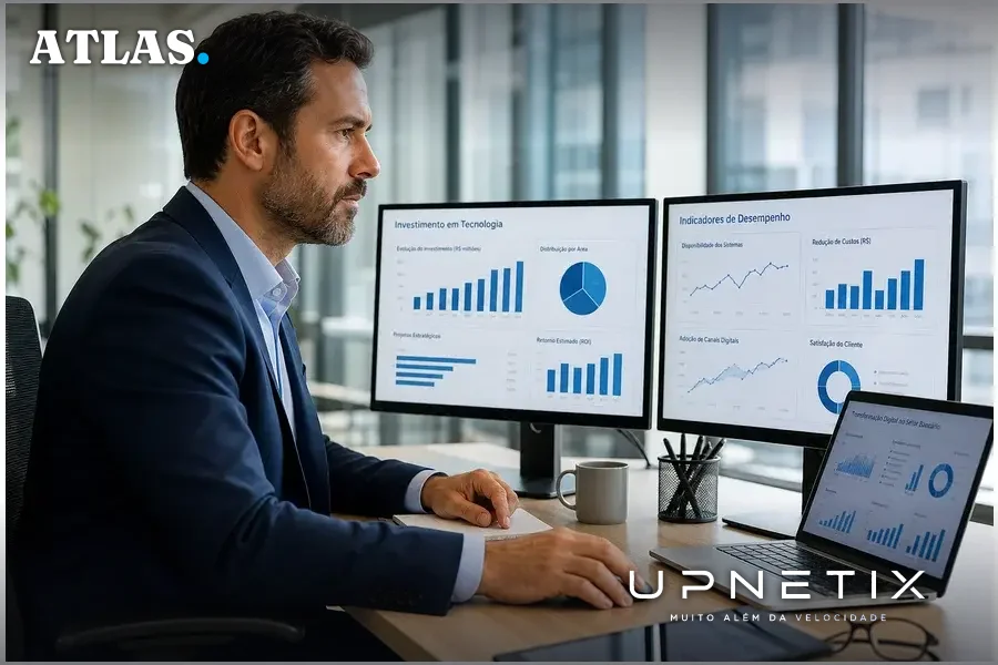 Executivo bancário brasileiro analisando dados de investimentos em tecnologia em escritório moderno.