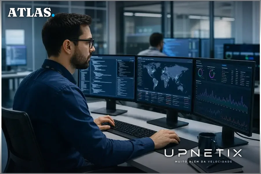 Analista de segurança cibernética trabalhando em monitor com códigos e gráficos de ameaças digitais