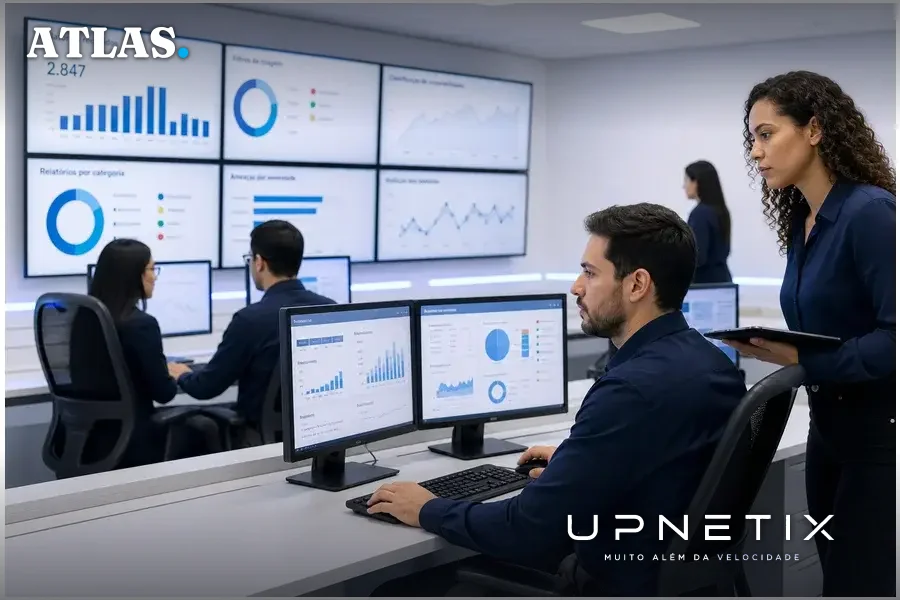 Equipe de triagem analisando relatórios de vulnerabilidades em ambiente corporativo com múltiplos monitores.