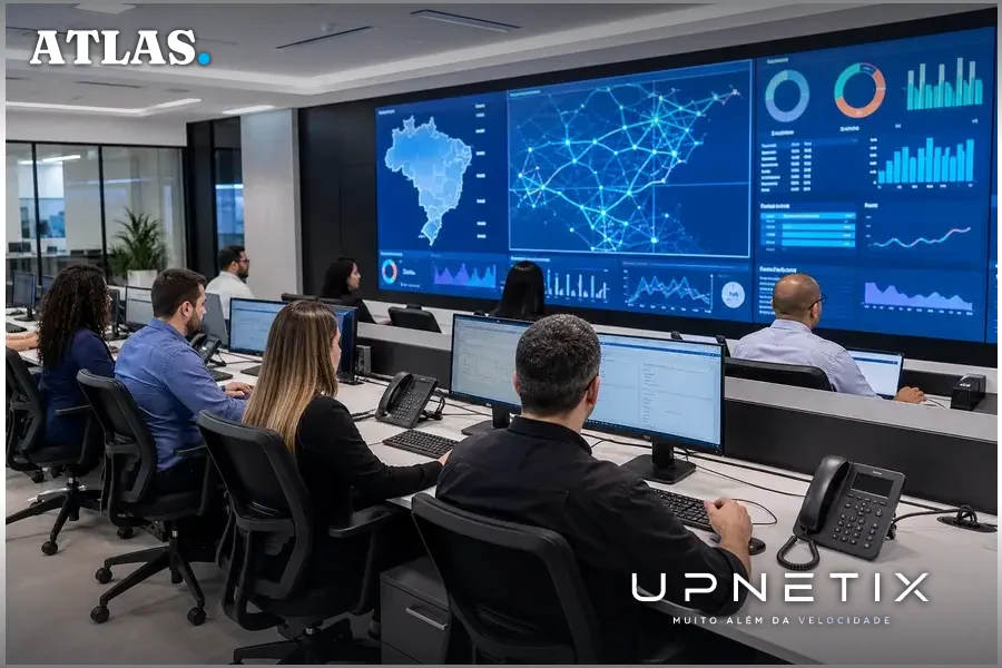 Sala de operações de rede com técnicos monitorando painéis e telas de mapas de rede em ambiente moderno e claro.