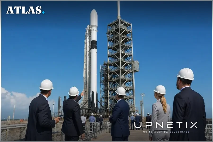 Foguete Falcon 9 da SpaceX na plataforma de lançamento com equipe técnica presente