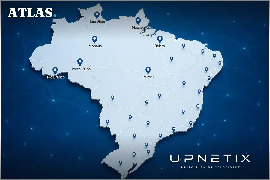 Mapa do Brasil com os 40 PTTs do IX.br destacando os sete PTTs na região Norte, incluindo Macapá.