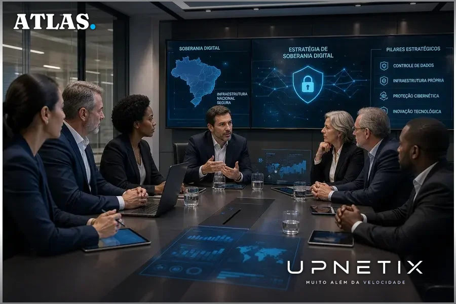 Executivos em reunião discutindo soberania digital em ambiente corporativo moderno e tecnológico